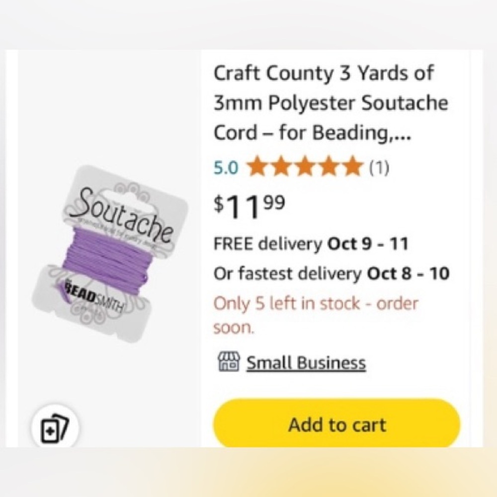 THREE Soutache ornamental braid for jewelry design, lilac, 3 yd, the beadsmith - Picture 2 of 5